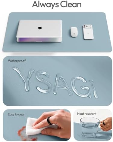YSAGi Leather Desk Protector, Office Mat, Large Mouse Mat, Non-Slip PU Leather Blotter, Laptop Desk Mat, Waterproof Writing Pad for Office and Home(Ice Blue, 63" x 17.2")