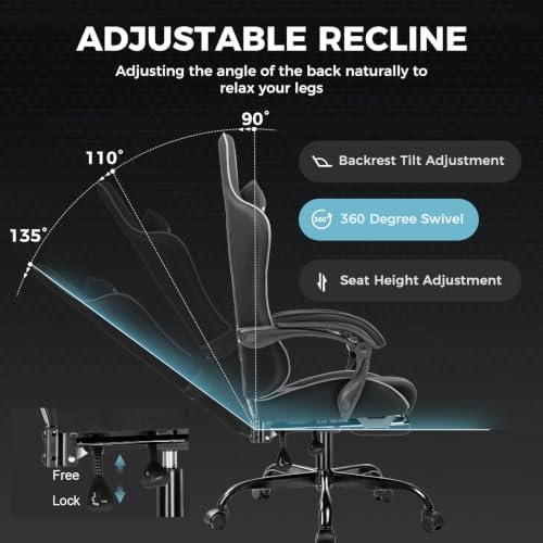 GTPLAYER Gaming Chair, Computer Chair with Footrest and Lumbar Support, Height Adjustable Game Chair with 360°-Swivel Seat and Headrest and for Office or Gaming (All Black-Fabric)