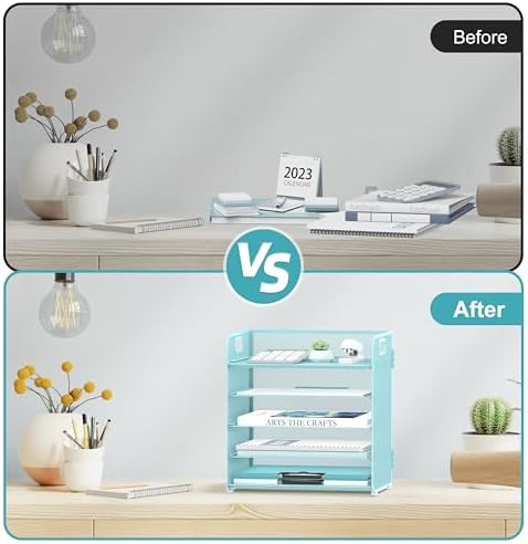 Supeasy 5 Trays Paper Organizer Letter Tray with Handle-Mesh Desk File Organizer, Paper Sorter Desk Organizer for Office, Home or School (Light Blue)
