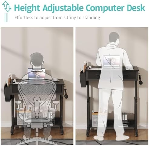 Small Portable Rolling Standing Desk - 32 Inch Adjustable Mobile Stand Up Gaming Desks with 2 Fabric Drawers on Wheels, Couch Sofa Side Laptop Table with Storage for Home Office, Black