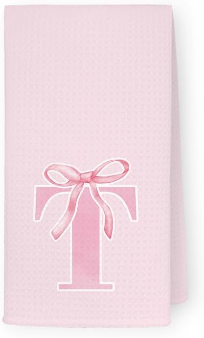Monogrammed Initial T Hand Towels for Bathroom, Personalized Gifts for Women Girls Birthday Christmas, Coquette Preppy Pink Bows Waffle Kitchen Dish Tea Towels with Initial, 16x24 Inch