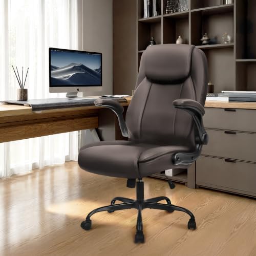 NEO CHAIR Office Desk Chair, High Back PU Leather with Flip-up Arms, Brown