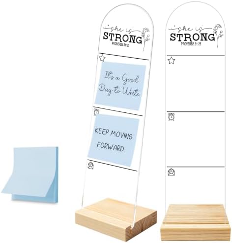 Sticky Note Holder, Monitor Memo Board, Message Board, Acrylic Desk Organizer with Wooden Base with 100Pcs Notes for Office Worker Men Women, Home Desktop and Office Desk She is Strong Proverbs 31:25
