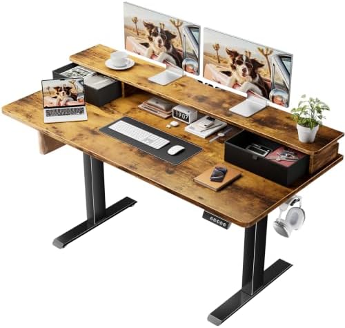 Veken 55x26 in Electric Standing Desk with Drawers, Adjustable Table, Brown