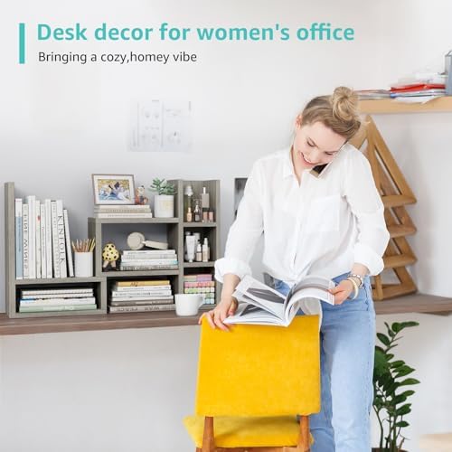 NUTIKAS Desk Shelves Desktop Organizer Shlef - Grey Office Organization for Top of Desk Organizers and Accessories Corner Bookshelf Table Top Shelving Small Hutch Decorations for Office