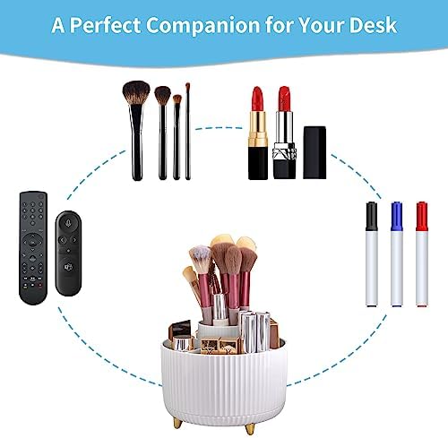 Marbrasse Desk Organizer, 360-Degree Rotating Pen Holder, Desk Organizers and Accessories with 5 Compartments Pencil Holder, Art Supply Storage Box Caddy for Office, Home（White）