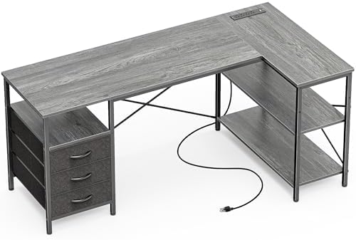 Huuger L Shaped Office Desk with Power Outlets & 3 Drawers