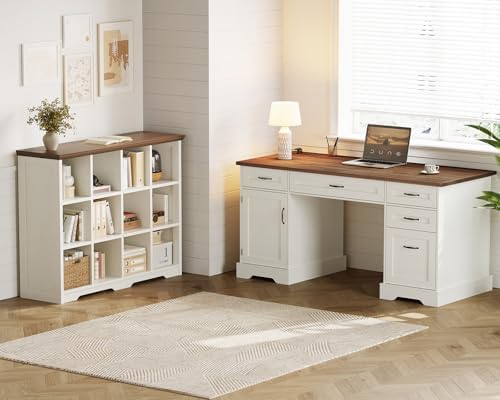 OffiGo Farmhouse 59 Inch Executive Desk with Drawers, Walnut+White