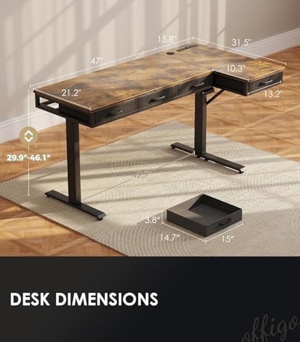 OffiGo 63 Inch L Shaped Electric Standing Desk with 4 Drawers, Rustic Brown
