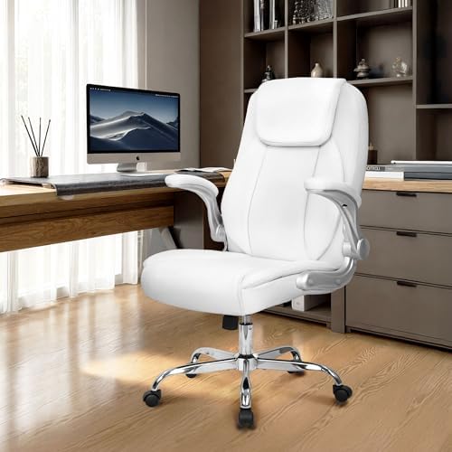 NEO CHAIR Office Desk Chair, High Back PU Leather with Flip-up Arms, White