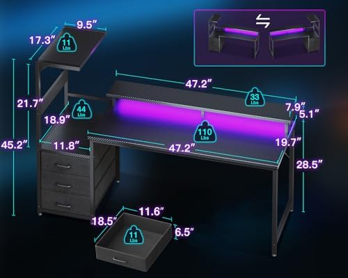 AODK Gaming Desk w/PC Showcase Stand, 59" Reversible, RGB LED, Black