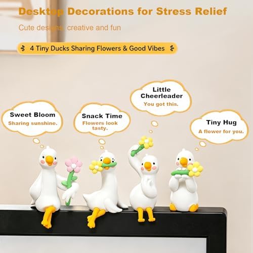 4 PCS Resin Goose Figurine Computer Monitor Decor,Cute Mini Goose Statues for Car Dashboard,Funny Desk/TV/Photo Frame Decorations (Goose with Flowers)