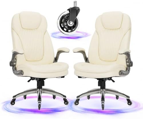 COLAMY Ivory Leather High Back Executive Office Chair Set of 2, Ergonomic Desk Chair with Flip-up Arms, Thick Cushion, Silent Nylon Wheels, Adjustable Height & Rocking Function, 300lbs Capacity