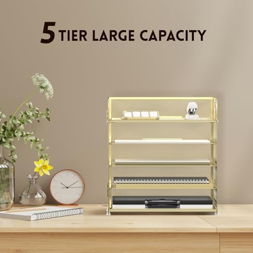 Supeasy 5 Trays Paper Organizer Letter Tray with Handle-Mesh Desk File Organizer, Paper Sorter Desk Organizer for Office, Home or School (Golden)