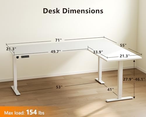 Casaottima 71 Inch L Shaped Electric Standing Desk, Home Office, White