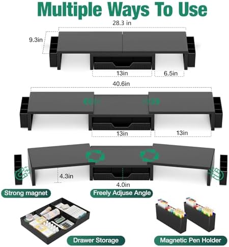 OPNICE Desk Organizer and Accessories, Computer Monitor Stand Riser with Drawer and 2 Pen Holders, Laptop Stand, Office Desk Accessories for Office Supplies, Black