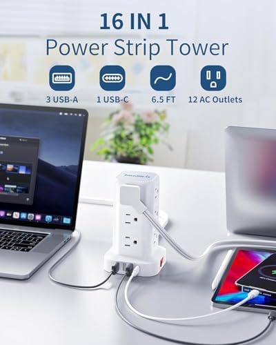 Extension Cord with Multiple Outlets, SMALLRT Flat Plug Power Strip Tower, Power Bars with USB 12 AC Outlets, 16.5FT Ultra Thin Extension Cord for Home Office, Overload Protection
