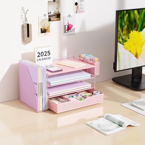 Wood Desk Organizers and Accessories with File Holder, 4-Tier Desk Accessories & Workspace Organizers with Drawer and Pen Holder, Desk Reference Organizer (Pink, 4T with Drawer)