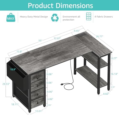 Lufeiya L Shaped Gaming Desk with Drawers & Storage Shelves, 55 Inch Corner Computer Desk with Power Outlet for Home Office Bedroom, L-Shaped Teen PC Desks with Fabric Drawer, Gray