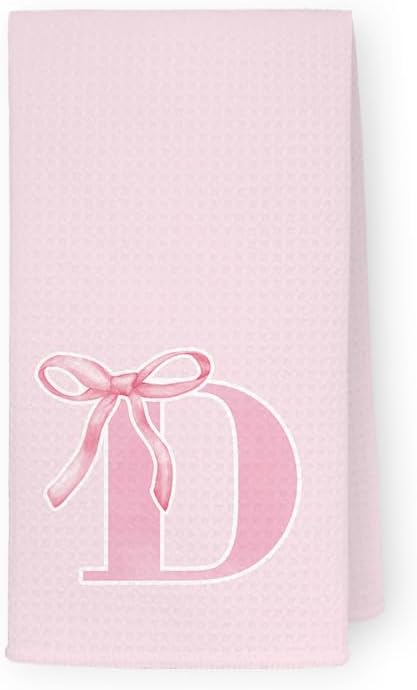 Monogrammed Initial D Hand Towels for Bathroom, Personalized Gifts for Women Girls Birthday Christmas, Coquette Preppy Pink Bows Waffle Kitchen Dish Tea Towels with Initial, 16x24 Inch