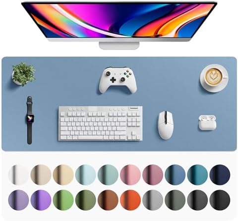 Aothia Faux Leather Desk Mat - Large Mouse Pad, Non-Slip PU Leather Blotter, Waterproof Writing Surface for Office and Home (Denim Blue, 42" x 17")