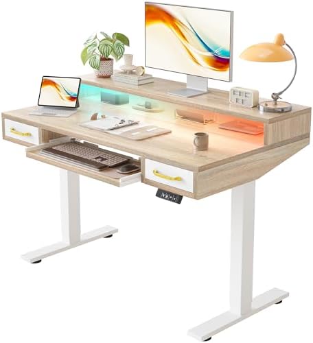 TIQLAB Standing Desk with Two Drawers, Stand Up Standing Desk Adjustable Height, Electric Sit Stand Table with Storage Shelf and Splice Board, with LED Light, 47 * 28 inch, Maple