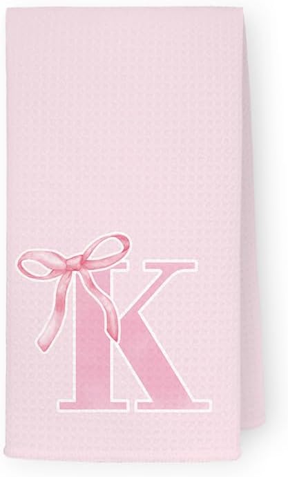 Monogrammed Initial K Hand Towels for Bathroom, Personalized Gifts for Women Girls Birthday Christmas, Coquette Preppy Pink Bows Waffle Kitchen Dish Tea Towels with Initial, 16x24 Inch