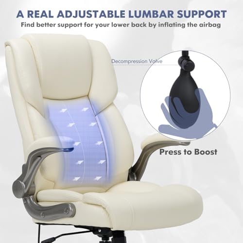COLAMY High Back Executive Office Chair- Ergonomic Home Computer Desk Leather Chair with Padded Flip-up Arms, Adjustable Tilt Lock, Swivel Rolling Chair for Adult Working Study-Ivory