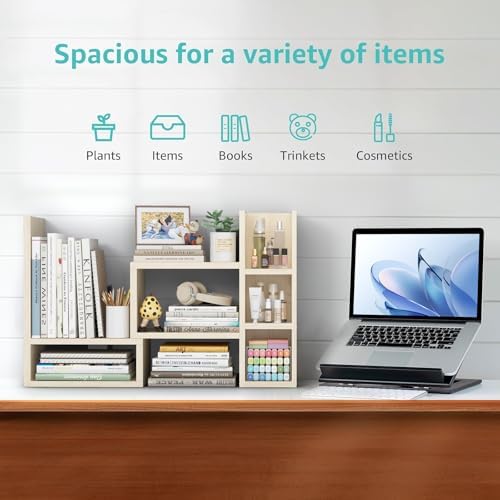 NUTIKAS Desk Shelves Desktop Organizer Shlef - Natural Wood Tone Office Organization for Top of Desk Organizers and Accessories Corner Bookshelf Table Top Shelving Small Hutch Decorations for Office