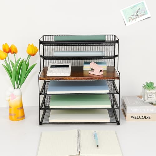 OPNICE Desk Organizer, 6-Tier Paper Organizer Letter Tray, Brown Wood