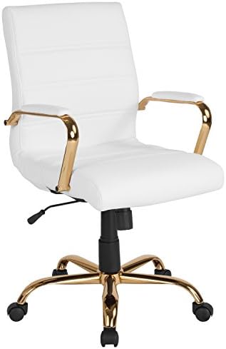 Flash Furniture Mid-Back White LeatherSoft Executive Swivel Office Chair with Gold Frame and Arms