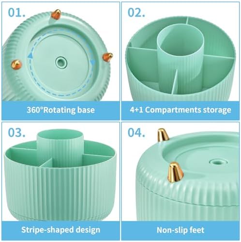 Marbrasse Desk Organizer, 360-Degree Rotating Pen Holder, Desk Organizers and Accessories with 5 Compartments Pencil Holder, Art Supply Storage Box Caddy for Office, Home (Mint Green)