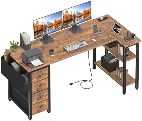 Lufeiya L Shaped Computer Desk with Drawers & Storage Shelves, 63 Inch Corner Desk with Power Outlet for Home Office Bedroom, L-Shaped Teen PC Gaming Desks with Fabric Drawer, Rustic Brown