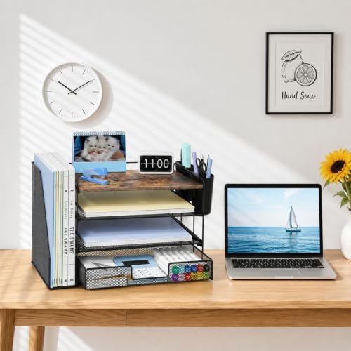 OPNICE Desk Organizer, 4-Tier Desktop File Organizer with Drawer and Pen Holders, Office Desk Accessories, File Sorters, Workspace Organizers for Office Supplies(Wood)