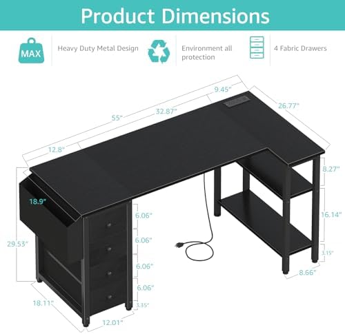 Lufeiya L Shaped Gaming Desk with Drawers & Storage Shelves, 55 Inch Corner Computer Desk with Power Outlet for Home Office Bedroom, L-Shaped Teen PC Desks with Fabric Drawer, Black