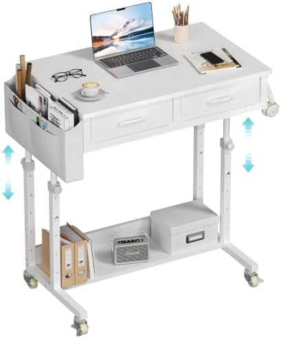 WINAZ Small Rolling Standing Desk with Drawers & Storage, 32 Inch Height Adjustable Desk on Wheels for Teachers, Students, Portable Mobile Workstation for Home Office, Small Spaces, Sewing & Crafts