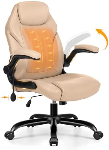 Ylzyxal Office Desk Chair, Ergonomic Computer Chair with Padded Flip-Up Arms and Adjustable Lumbar Support, PU Leather Executive Chair with Tilt Lock and 360° Swivel Rolling Wheels for Work, Study