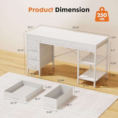 OLIXIS 56 Inch Computer Desk with 6 Fabric Drawers, for Home Office Work