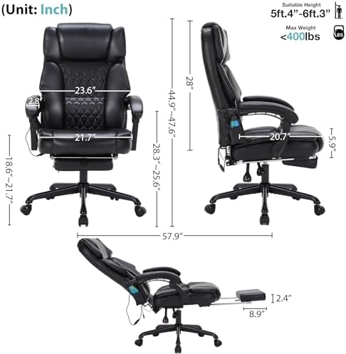 Massage Office Chair with Foot Rest 6 Points Vibration and Heat Home Office Desk Chairs for Heavy People 400lbs Reclining Managerial Chairs Ergonomic Executive Chair (Black)