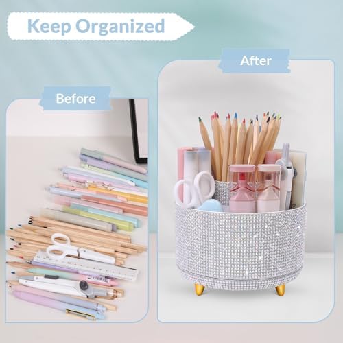 SKYDUE 360 Degree Rotating Desk Organizer, Shining Dual-Purpose Rhinestone Pencil Pen Holder, Rotating Desk Pen Organizer with 5 Slots, Rhinestone Pencil Cup for Office, School, Home