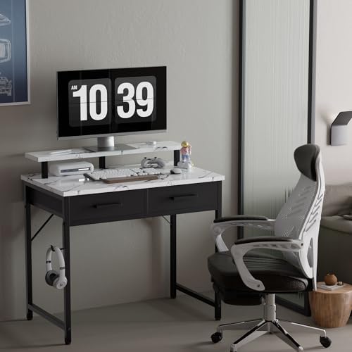Pamray 32 Inch Small Computer Desk with Monitor Stand and 2 Drawers