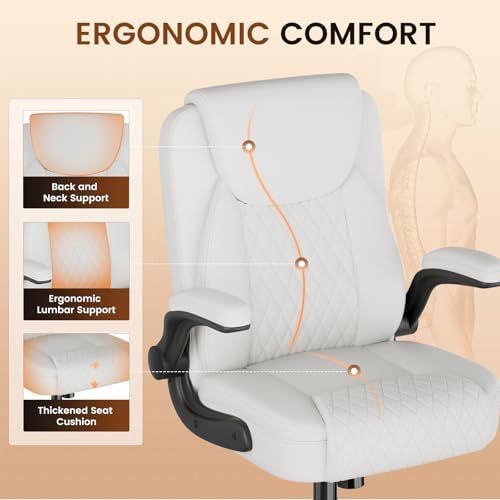 GTPLAYER PU Leather Office Chair, Home Desk Chair with Flip-up Arms, White