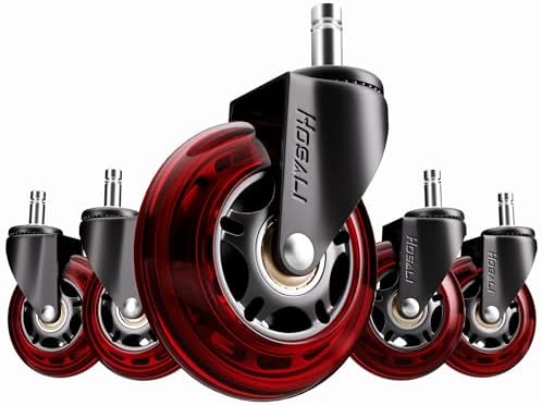 HOSALI Office Chair Casters, 3 Inch Wheels for Office Chair, 11x22mm Rubber Caster Replacement Wheel Safe for All Floors Including Hardwood & Carpet, Set of 5, Red