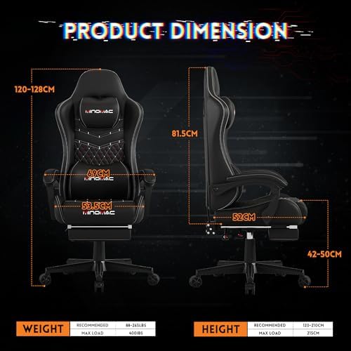Gaming Chair,Big and Tall Gaming Chair 400lbs Office Chair with Footrest, 90-155° Recline & Removable Headrest Lumbar Support[Spring + 4D Sponge](Black)