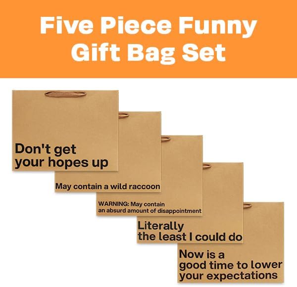 MilkToast Brands Funny Gift Bags Set of 5 – Large 16 x 6 x 12 inch Kraft Gift Bags with Snarky Sayings – Reusable, Eco-Friendly Gag Gift Wrapping for Birthdays, Holidays, Mother's Day, Father's Day