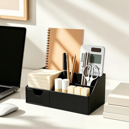 HBlife Acrylic Desk Organizer with Drawer, Pen & Pencil Holder, Multifunctional Desktop Caddy for Office Supply and Organization (Black)