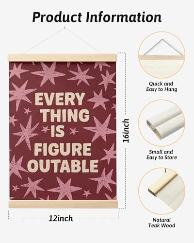 FGFK Everything Is Figureoutable Inspirational Wall Art Poster Hanger Frame, Retro Red and Pink Star Positive Affirmations Canvas Prints Framed Wall Decor for Home Classroom Office, 12x16 Inch