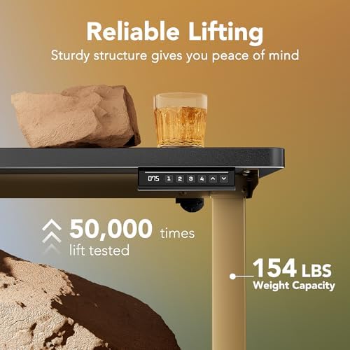 HUANUO 32" Small Electric Standing Desk Adjustable Height, 4 Memory Height Settings, Sit Stand Up Desk for Home Office & Computer Workstation, Black and Gold Frame