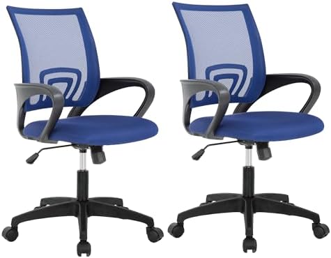 BestOffice | Ergonomic Office Chair | Mid-Back Swivel Desk Chair | Breathable Backrest & Lumbar Support | Adjustable Height | Sponge Seat | Rolling Wheels | Blue | for Adults & Women | Pack of 2