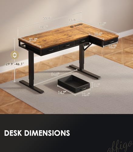 OffiGo 55 Inch L Shaped Electric Standing Desk with 4 Drawers, Rustic Brown